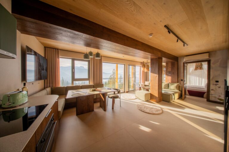 Salon z aneksem kuchennym w Primavera Apartament, z widokiem na Tatry